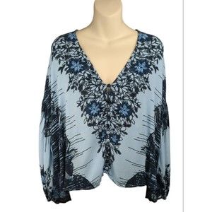 Free People Blue Birds of a Feather Balloon Sleeve Peasant Boho Top Oversized S